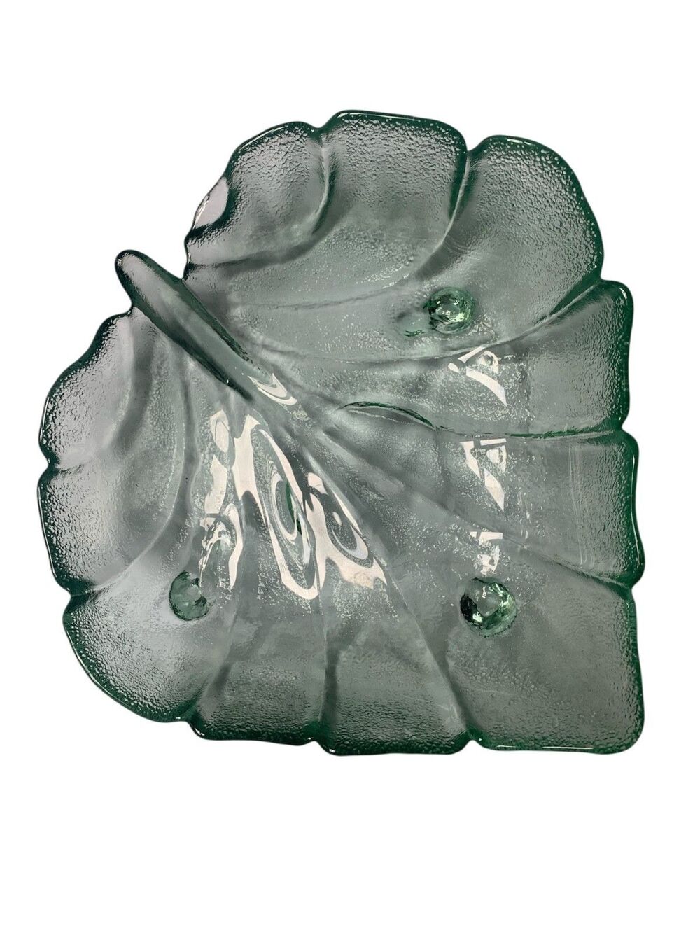 VTG MCM RETRO DEPRESSION GREEN LEAF FOOTED large GLASS BOWL DISH ART DECOR